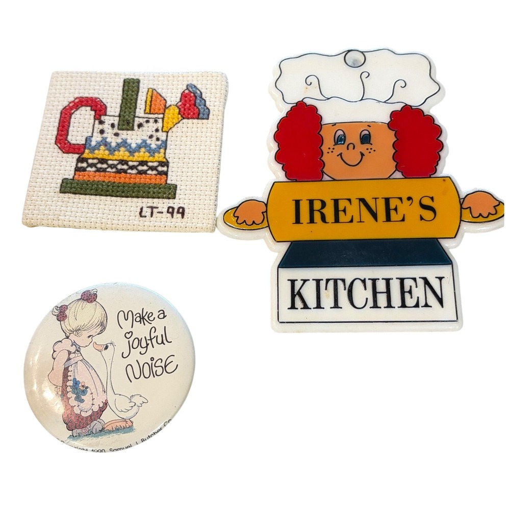 Vintage Magnet Lot Precious Moments 1990 Cross Stitch Watering Can Chef Irene